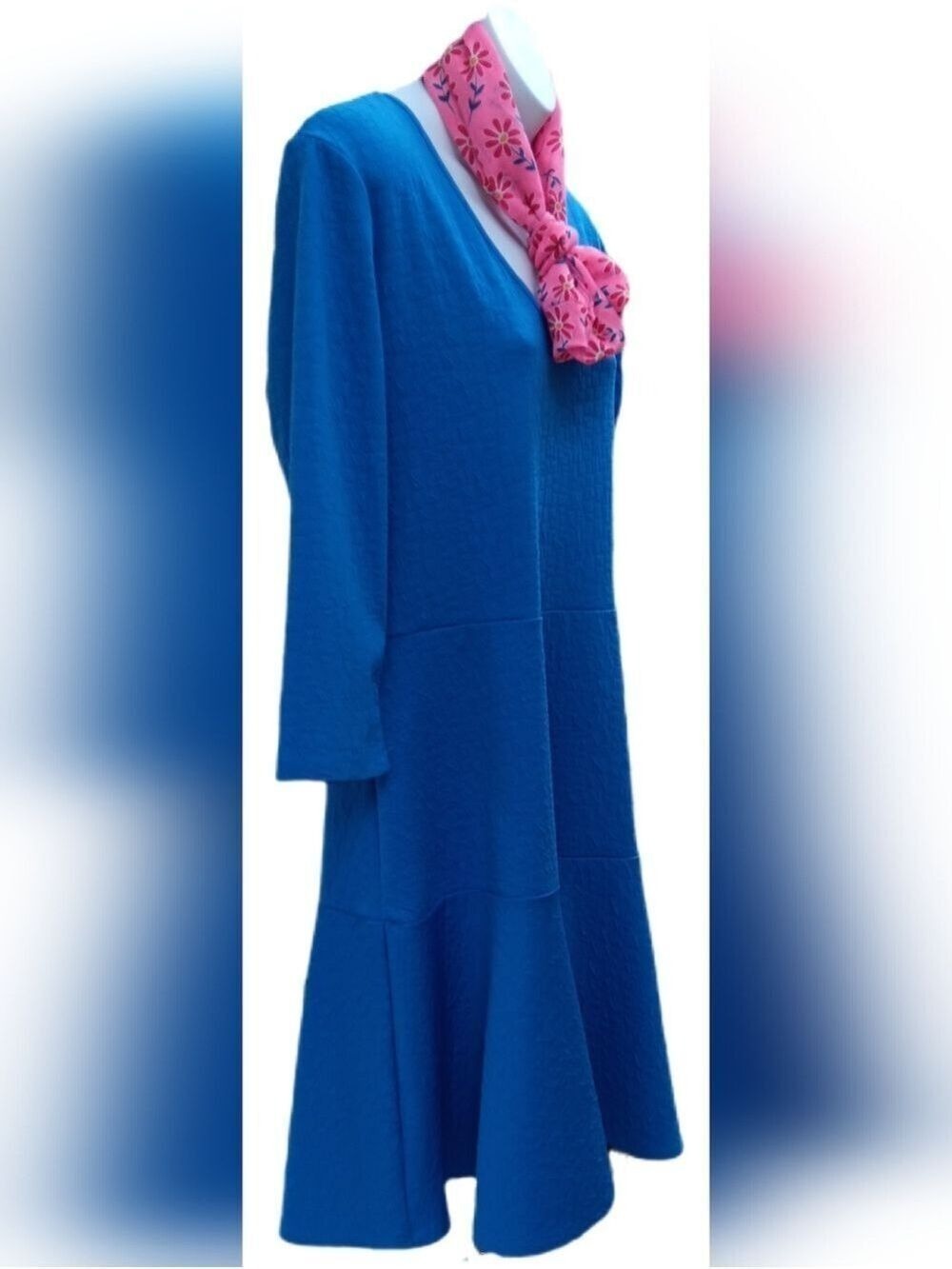 NY Collection Blue V-Neck 3/4 Sleeve Flare Dress Large - Picture 7 of 8